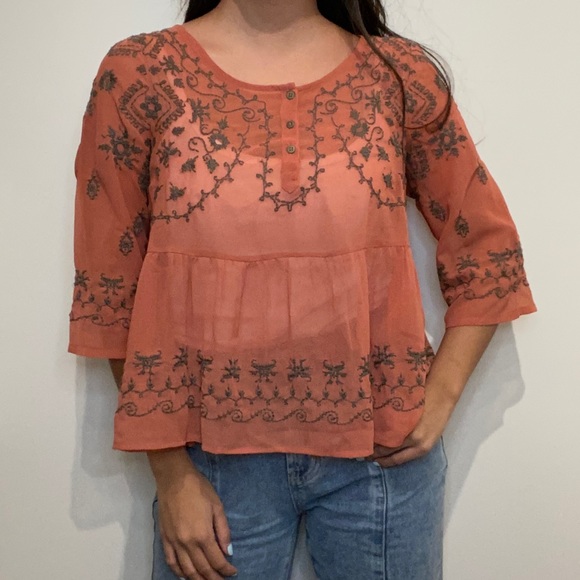 Free People embroidered burnt orange top - Picture 3 of 10